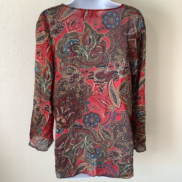 Chico’s Red Bohemian Hippie Whimsygoth Romantic Fairy Silk Paisley Blouse Size 1 - Picture 6 of 12